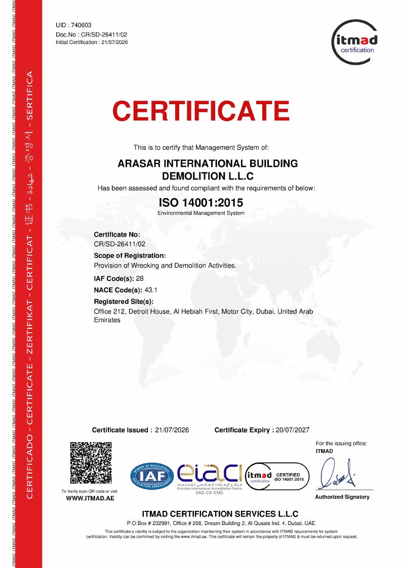 Arasar ISO 14001:2015 certificate preview